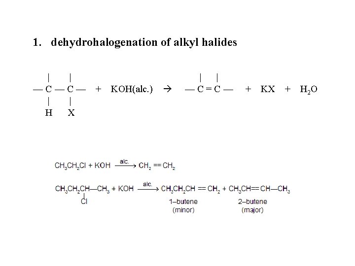 1. dehydrohalogenation of alkyl halides | | —C—C— | | H X + KOH(alc.
