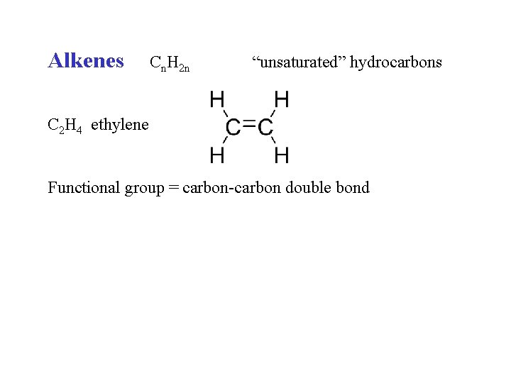 Alkenes Cn. H 2 n “unsaturated” hydrocarbons C 2 H 4 ethylene Functional group