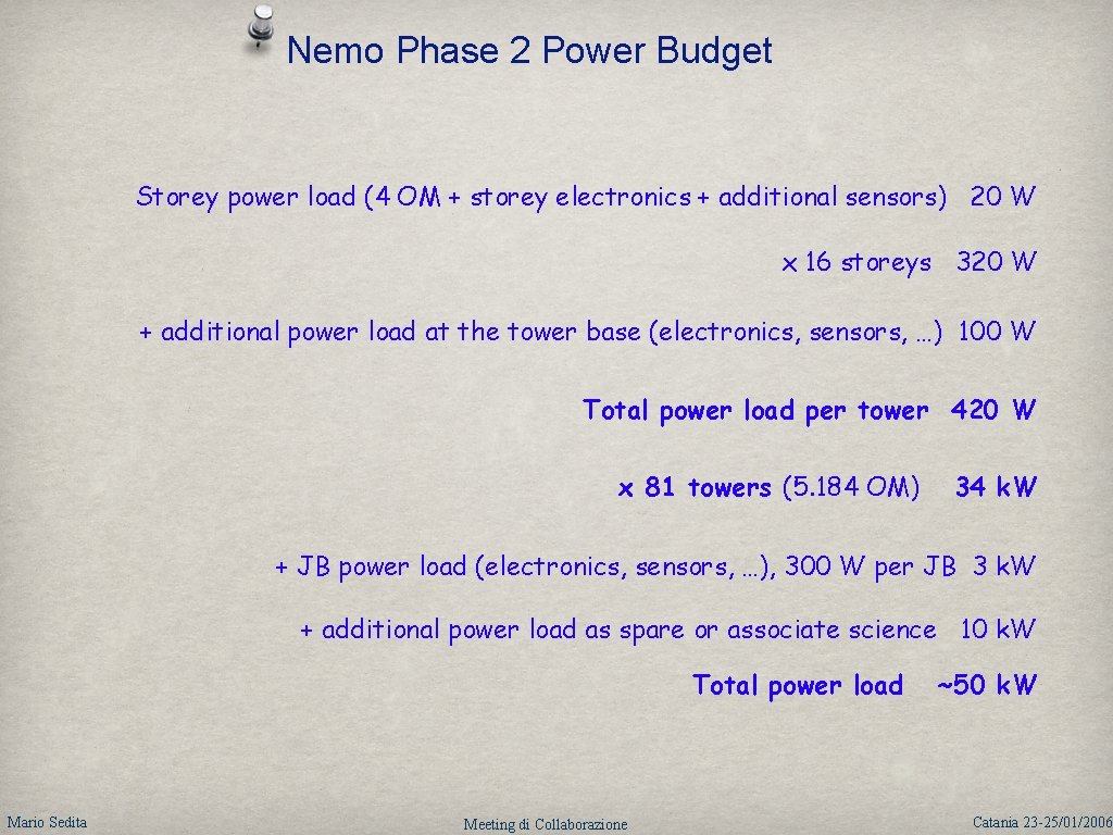 Nemo Phase 2 Power Budget Storey power load (4 OM + storey electronics +