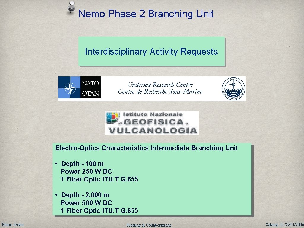 Nemo Phase 2 Branching Unit Interdisciplinary Activity Requests Electro-Optics Characteristics Intermediate Branching Unit •