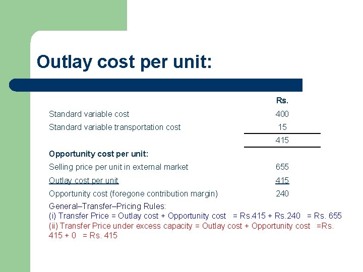 Outlay cost per unit: Rs. Standard variable cost 400 Standard variable transportation cost 15