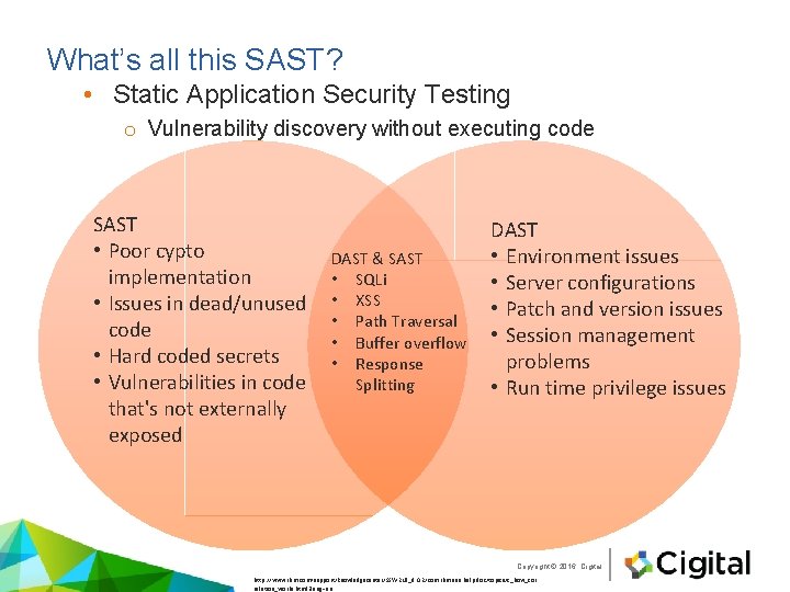 What’s all this SAST? • Static Application Security Testing o Vulnerability discovery without executing