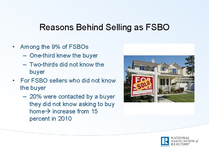 Reasons Behind Selling as FSBO • Among the 9% of FSBOs – One-third knew