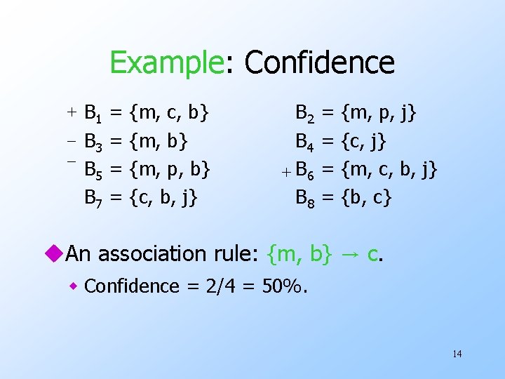 Example: Confidence + B 1 = {m, c, b} _ B 3 = {m,
