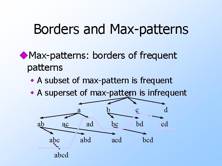 Borders and Max-patterns u. Max-patterns: borders of frequent patterns w A subset of max-pattern