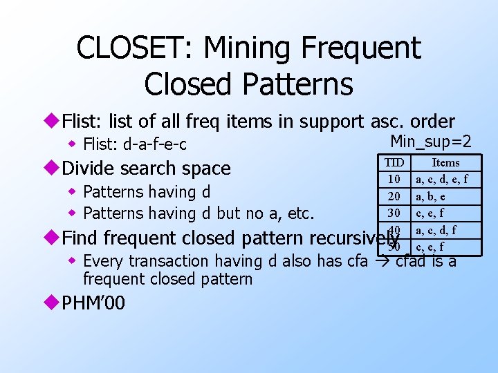 CLOSET: Mining Frequent Closed Patterns u. Flist: list of all freq items in support