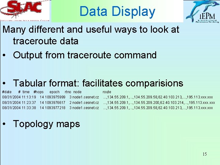 Data Display Many different and useful ways to look at traceroute data • Output