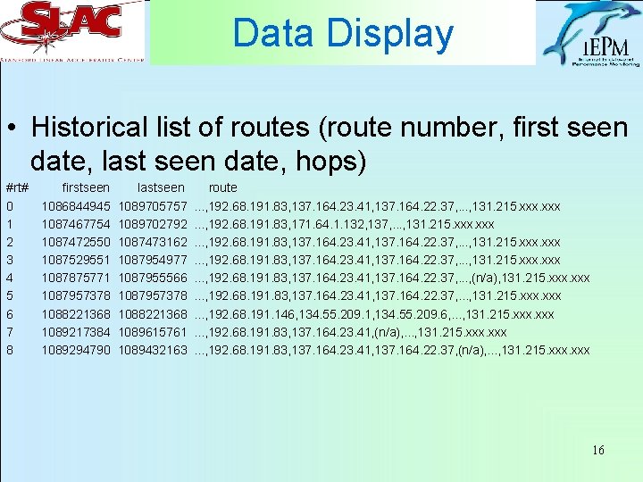 Data Display • Historical list of routes (route number, first seen date, last seen