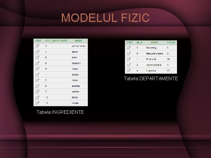 MODELUL FIZIC Tabela DEPARTAMENTE Tabela INGREDIENTE 
