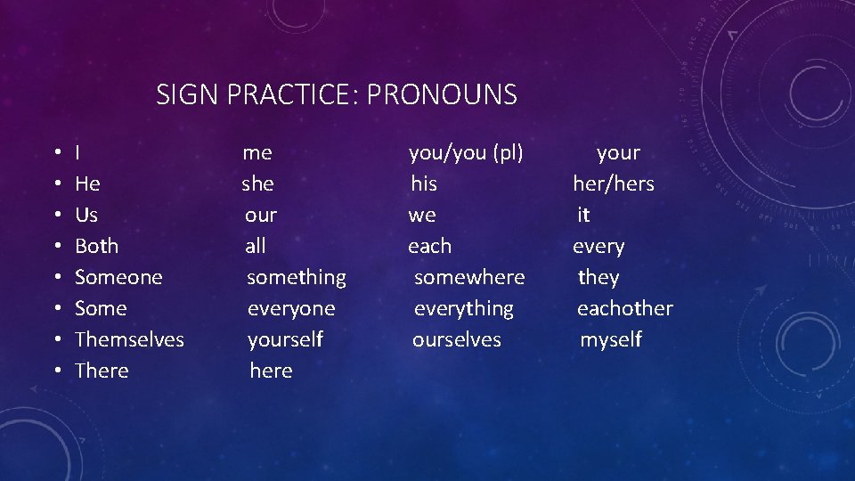 SIGN PRACTICE: PRONOUNS • • I He Us Both Someone Some Themselves There me