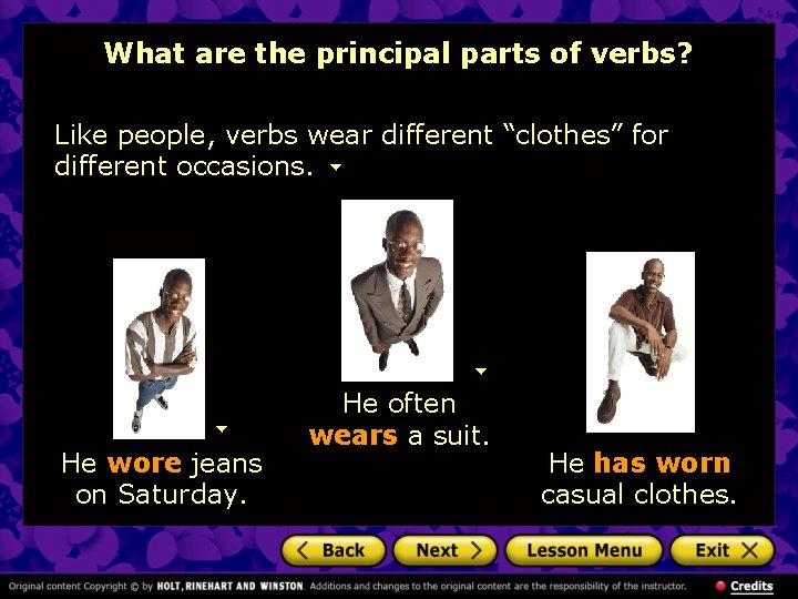 What are the principal parts of verbs? Like people, verbs wear different “clothes” for