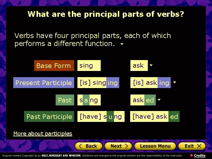 What are the principal parts of verbs? Verbs have four principal parts, each of