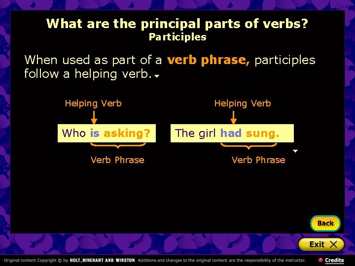 What are the principal parts of verbs? Participles When used as part of a
