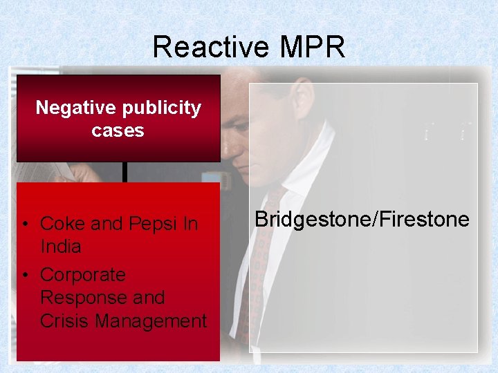 Reactive MPR Negative publicity cases • Coke and Pepsi In India • Corporate Response