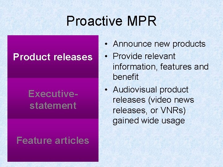 Proactive MPR Product releases Executivestatement Feature articles • Announce new products • Provide relevant