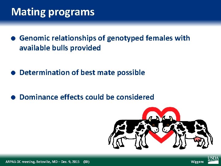 Mating programs l Genomic relationships of genotyped females with available bulls provided l Determination