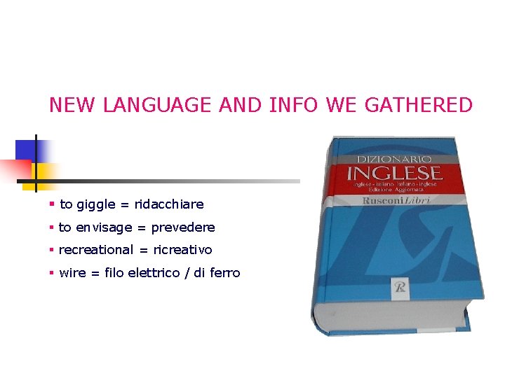 NEW LANGUAGE AND INFO WE GATHERED § to giggle = ridacchiare § to envisage