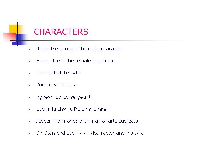 CHARACTERS § Ralph Messenger: the male character § Helen Reed: the female character §