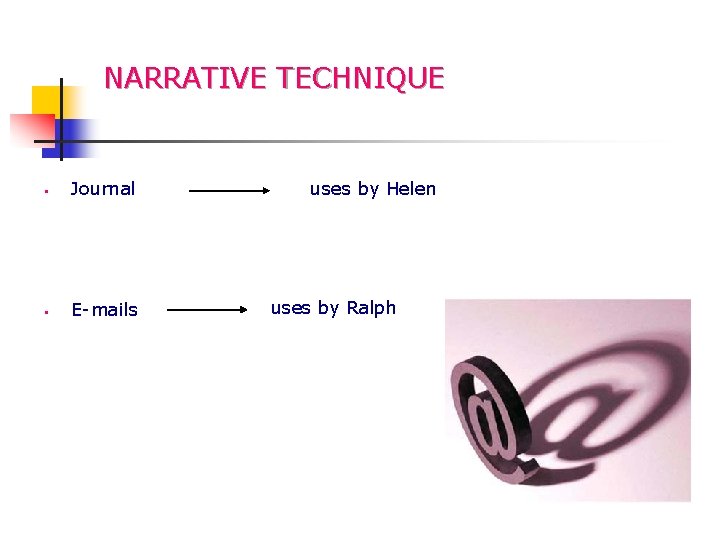 NARRATIVE TECHNIQUE § Journal § E-mails uses by Helen uses by Ralph 