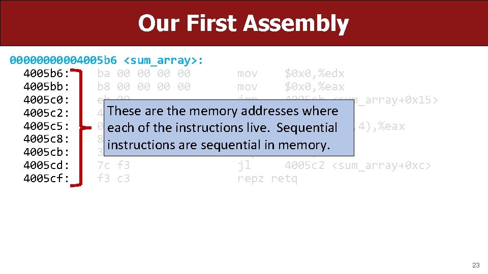 Our First Assembly 000004005 b 6 <sum_array>: 4005 b 6: ba 00 00 mov