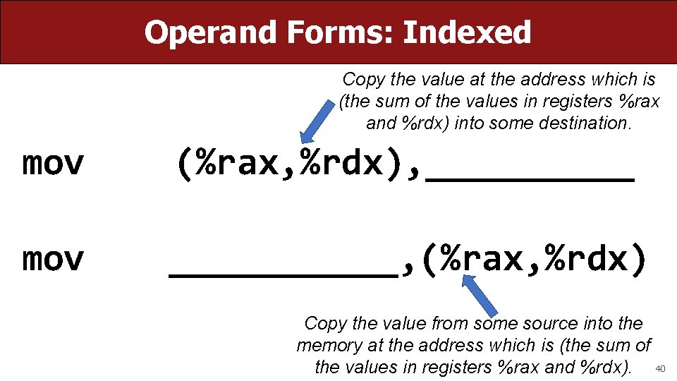 Operand Forms: Indexed Copy the value at the address which is (the sum of