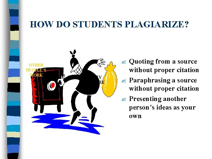 HOW DO STUDENTS PLAGIARIZE? OTHER PEOPLE’S WORK Quoting from a source without proper citation