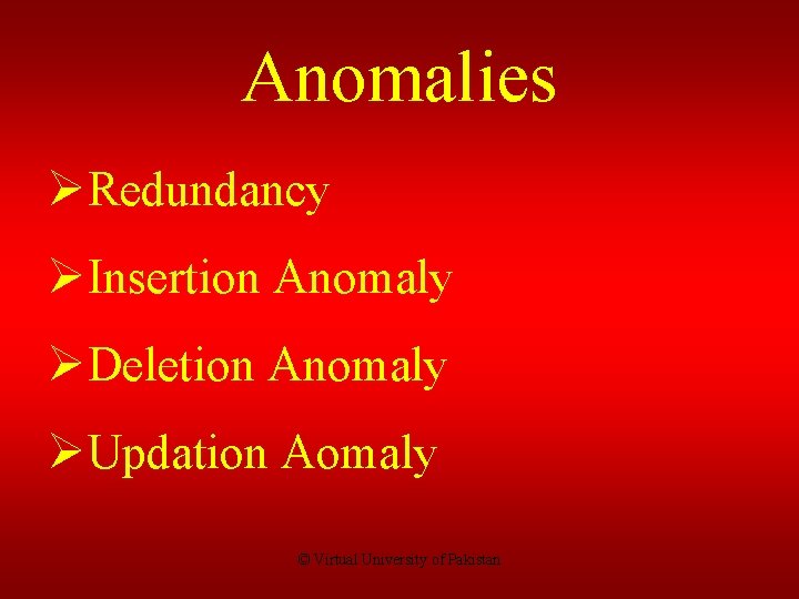 Anomalies ØRedundancy ØInsertion Anomaly ØDeletion Anomaly ØUpdation Aomaly © Virtual University of Pakistan 