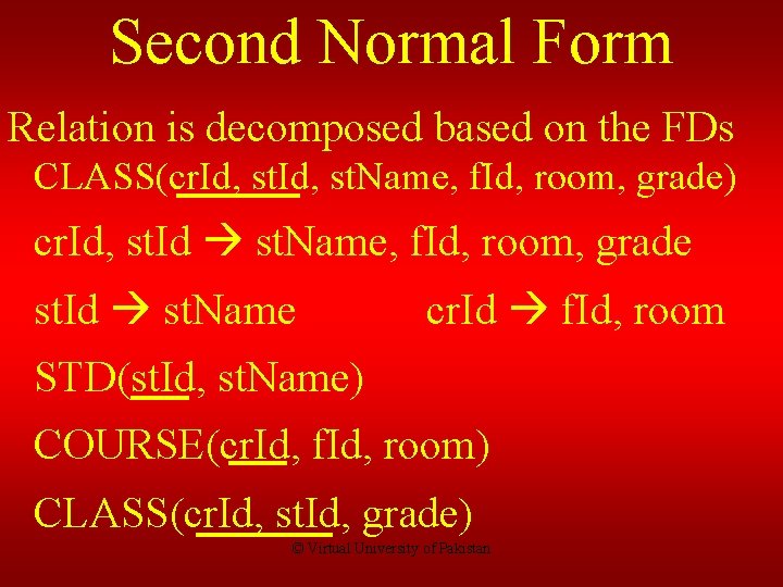 Second Normal Form Relation is decomposed based on the FDs CLASS(cr. Id, st. Name,
