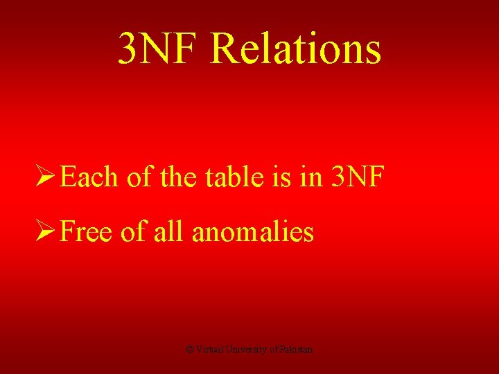 3 NF Relations ØEach of the table is in 3 NF ØFree of all