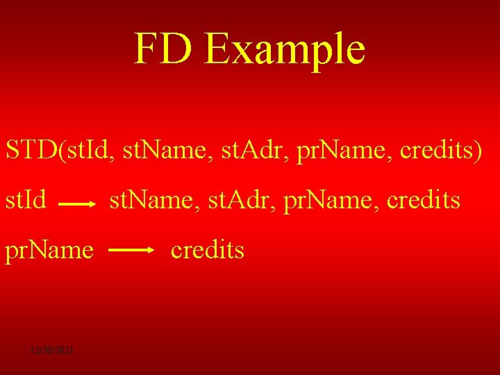 FD Example STD(st. Id, st. Name, st. Adr, pr. Name, credits) st. Id pr.