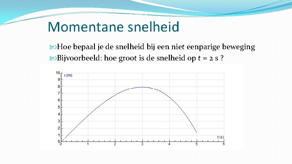 Momentane snelheid Hoe bepaal je de snelheid bij een niet eenparige beweging Bijvoorbeeld: hoe