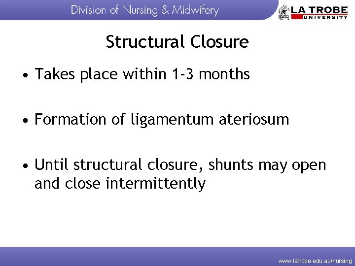 Structural Closure • Takes place within 1 -3 months • Formation of ligamentum ateriosum