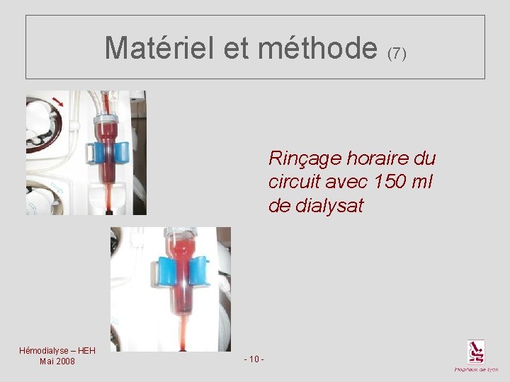 Matériel et méthode (7) Rinçage horaire du circuit avec 150 ml de dialysat Hémodialyse