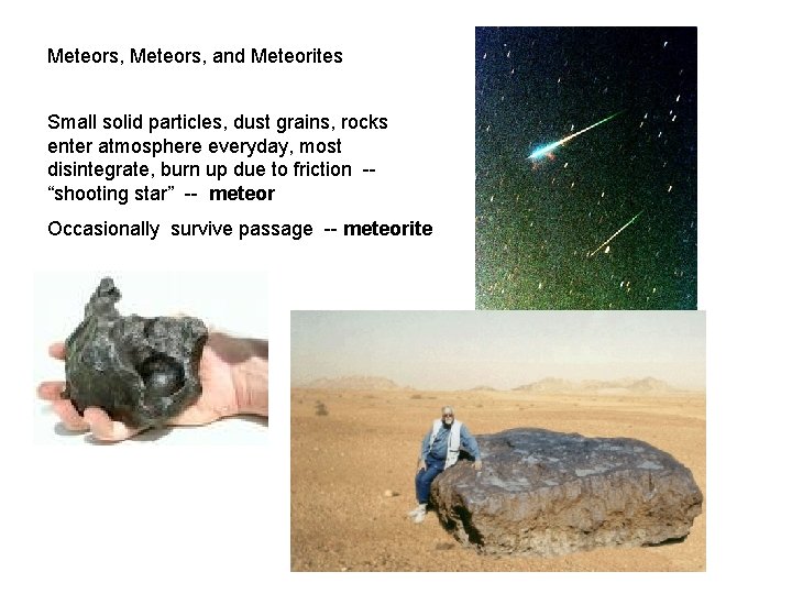 Meteors, and Meteorites Small solid particles, dust grains, rocks enter atmosphere everyday, most disintegrate,