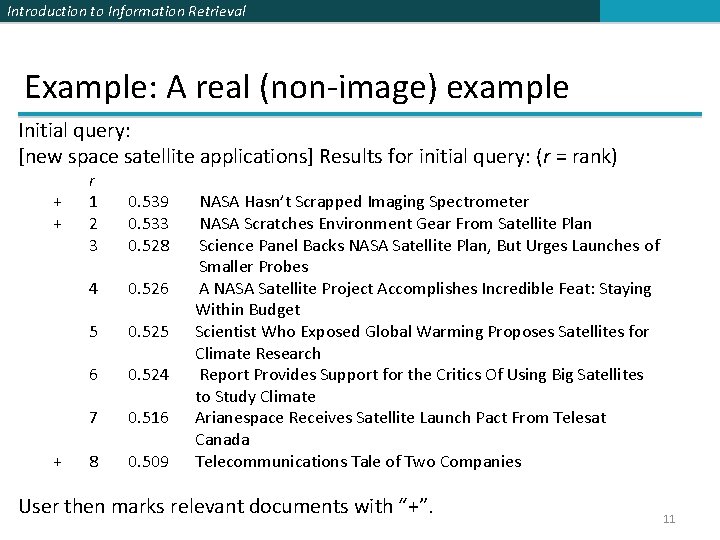 Introduction to Information Retrieval Example: A real (non-image) example Initial query: [new space satellite Introduction to Information Retrieval Example: A real (non-image) example Initial query: [new space satellite