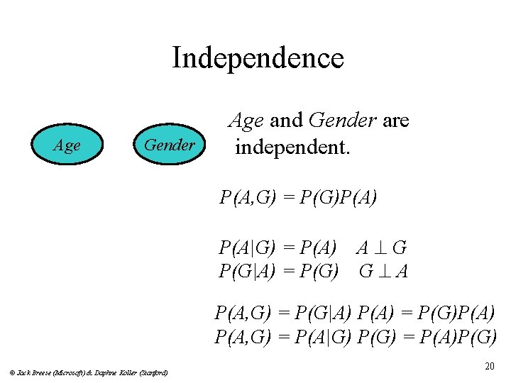 Independence Age Gender Age and Gender are independent. P(A, G) = P(G)P(A) P(A|G) =