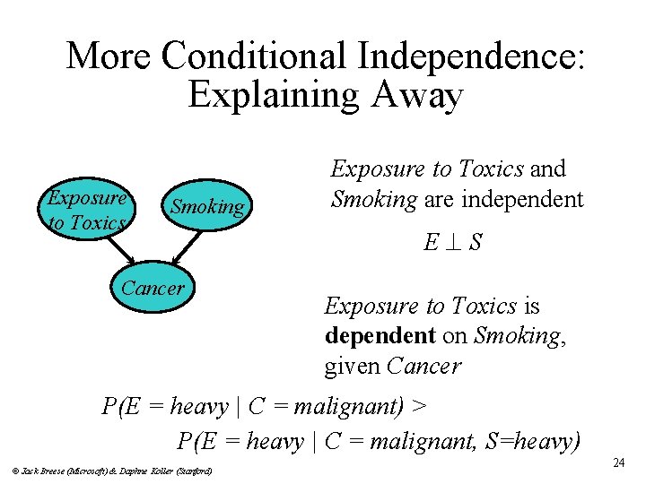 More Conditional Independence: Explaining Away Exposure to Toxics Smoking Cancer Exposure to Toxics and
