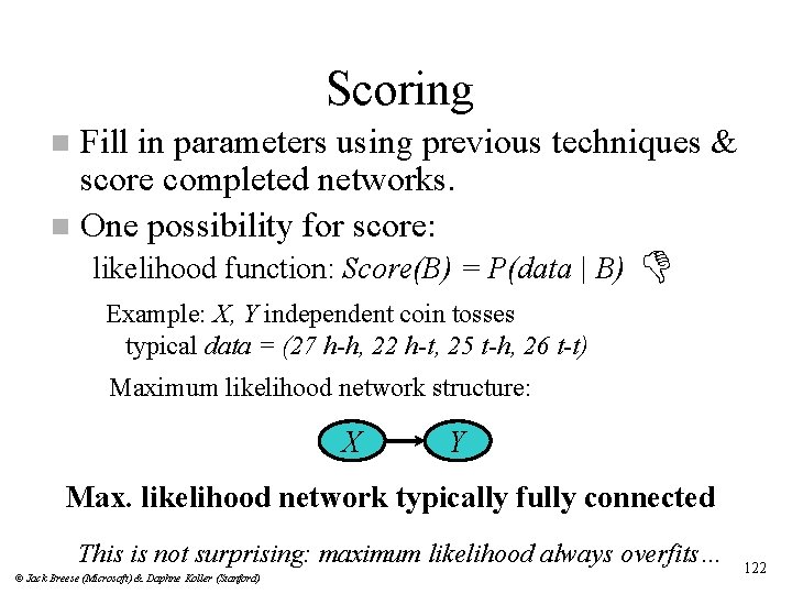 Scoring Fill in parameters using previous techniques & score completed networks. n One possibility