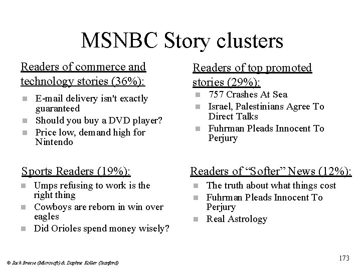 MSNBC Story clusters Readers of commerce and technology stories (36%): n n n E-mail