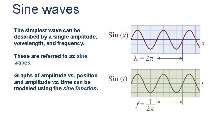 Sine waves The simplest wave can be described by a single amplitude, wavelength, and Sine waves The simplest wave can be described by a single amplitude, wavelength, and