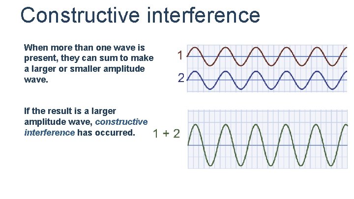 Constructive interference When more than one wave is present, they can sum to make Constructive interference When more than one wave is present, they can sum to make