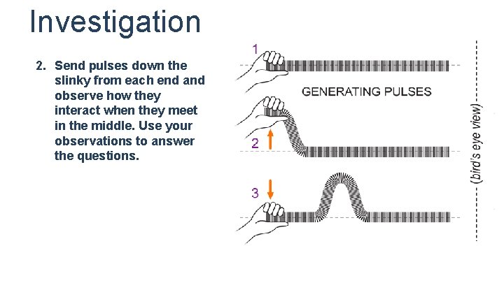 Investigation 2. Send pulses down the slinky from each end and observe how they Investigation 2. Send pulses down the slinky from each end and observe how they