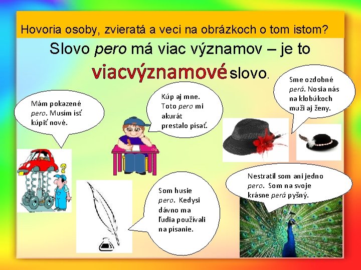 Hovoria osoby, zvieratá a veci na obrázkoch o tom istom? Slovo pero má viac