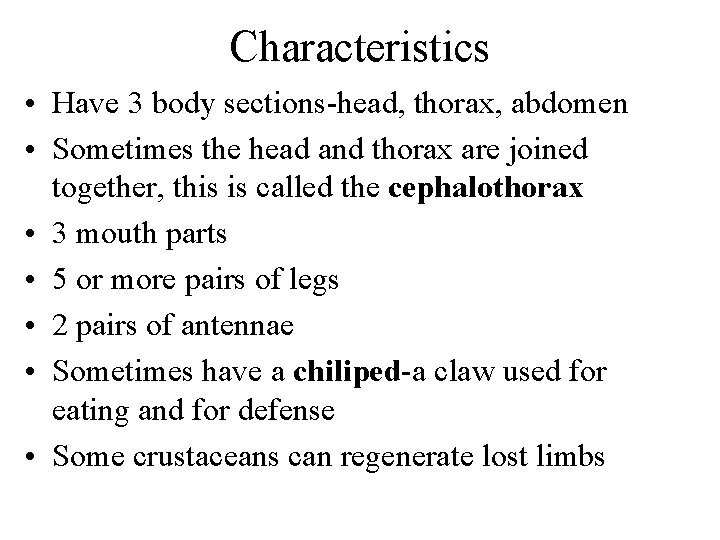 Characteristics • Have 3 body sections-head, thorax, abdomen • Sometimes the head and thorax