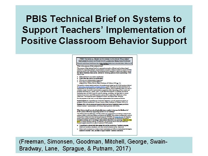 PBIS Technical Brief on Systems to Support Teachers’ Implementation of Positive Classroom Behavior Support