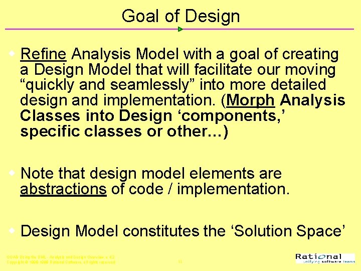 Goal of Design w Refine Analysis Model with a goal of creating a Design