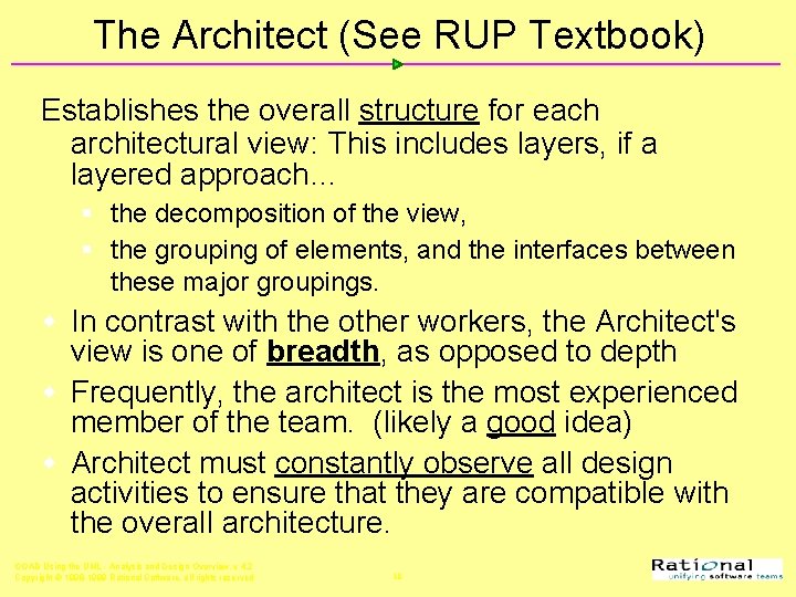 The Architect (See RUP Textbook) Establishes the overall structure for each architectural view: This