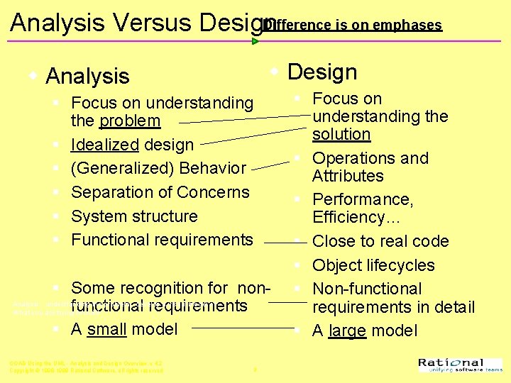 Difference is on emphases Analysis Versus Design w Analysis § Focus on understanding the