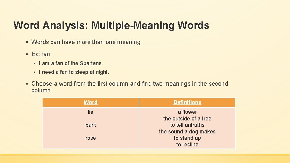 Word Analysis: Multiple-Meaning Words ▪ Words can have more than one meaning ▪ Ex: