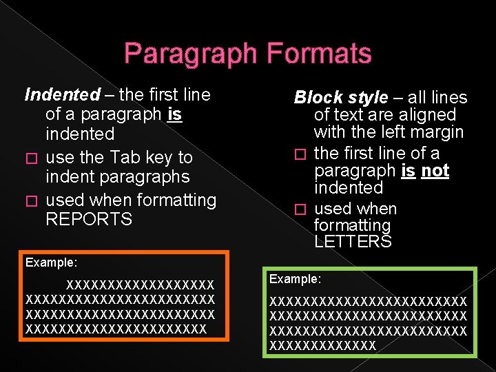 Paragraph Formats Indented – the first line of a paragraph is indented � use